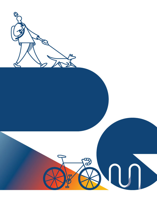 Close up of logo featuring man walking dog and a bike.